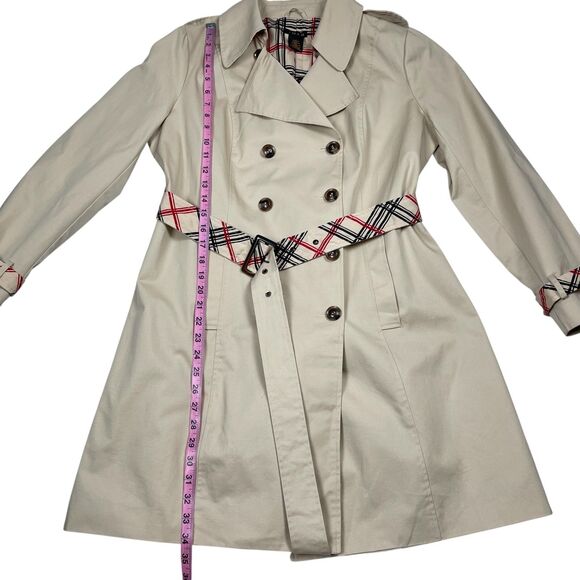 IMAN Women's Trench Coat Medium Beige Cotton Belted Double Breasted Plaid Trim - Picture 10 of 13